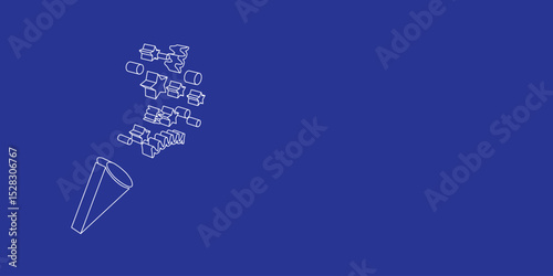 The outline of a large exploding party popper made of white lines on the left. 3D view of the object in perspective. Vector illustration on indigo background