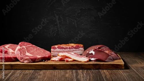 Assortment of raw meat cuts, including steaks, bacon, and liver, on a wooden board.