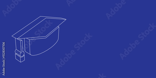 The outline of a large square academic cap symbol made of white lines on the left. 3D view of the object in perspective. Vector illustration on indigo background