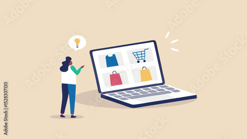 Woman looking at online shopping options on a laptop with a light bulb idea above her head