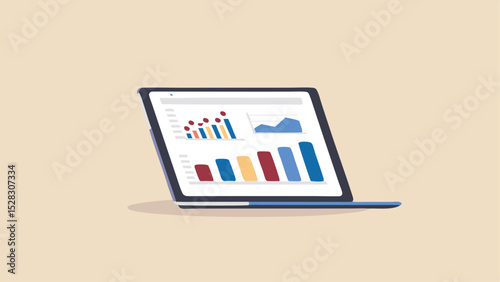 Laptop displaying various colorful graphs and charts for data analysis and representation clearly visible