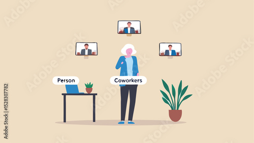 Person standing with coworkers on screens in background in a virtual meeting environment setup