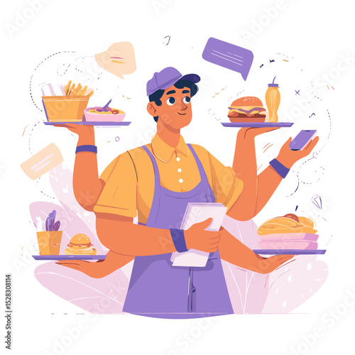 The Super Waiter: A multi-armed waiter masterfully balances an array of culinary delights on his hands, including burgers, fries, and drinks, and also take notes.