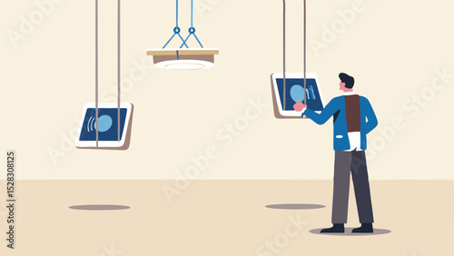 Man in a blue jacket interacts with hanging screens and a shelf in a minimalist style room setting
