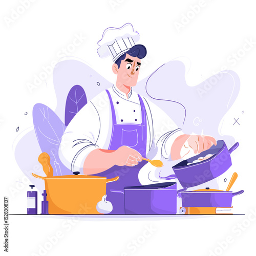 Culinary Artistry: A skilled chef meticulously prepares a culinary masterpiece in a vibrant, digitally crafted illustration.