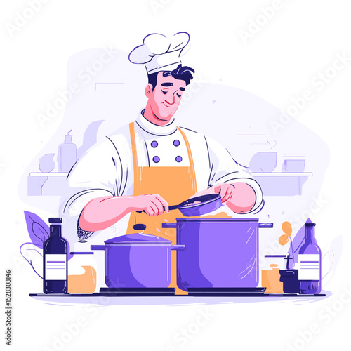 Chef Cooking Delicious Food: A cheerful chef expertly prepares a culinary masterpiece in a modern kitchen. The illustration features vibrant colors and captures the joy of cooking.
