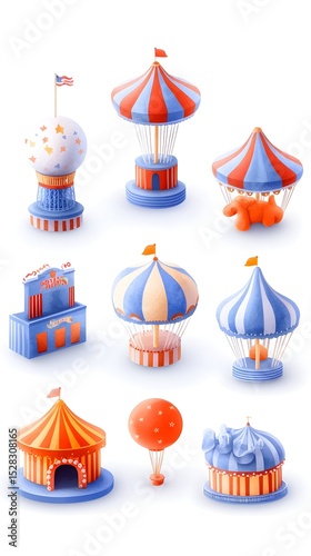A collection of nine whimsical, cartoonish carnival and fairground rides and attractions, including a Ferris wheel, carousel, ball toss, ticket booth, and hot air balloon, rendered in a vibrant