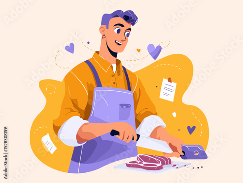 Culinary Love: A culinary artist lovingly prepares meat cuts in a cozy kitchen setting, with hearts and whimsical details adding a touch of sweetness to the culinary passion.