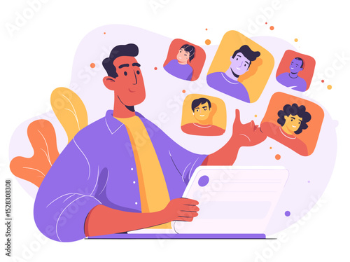 Network Connection: A digital-age illustration of a person, immersed in virtual networking, surrounded by floating profile icons. Exploring the core concepts of networking.