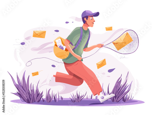 Catching Emails: A young man runs through tall grass, using a net to catch emails that fly around him. He wears a backpack and a cap. The style is illustrated.