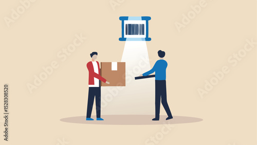 Two people scanning a box with a barcode reader in a warehouse environment setting shown