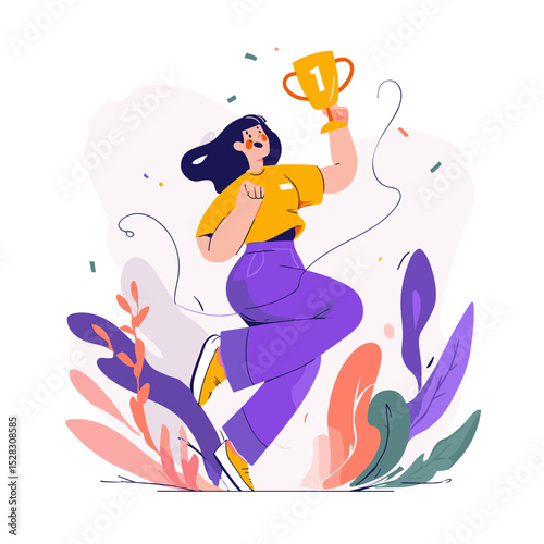 Victory's Embrace: Capturing the jubilant spirit of achievement, an illustrated woman triumphantly raises a golden trophy amidst vibrant, stylized foliage, celebrating a moment of success.