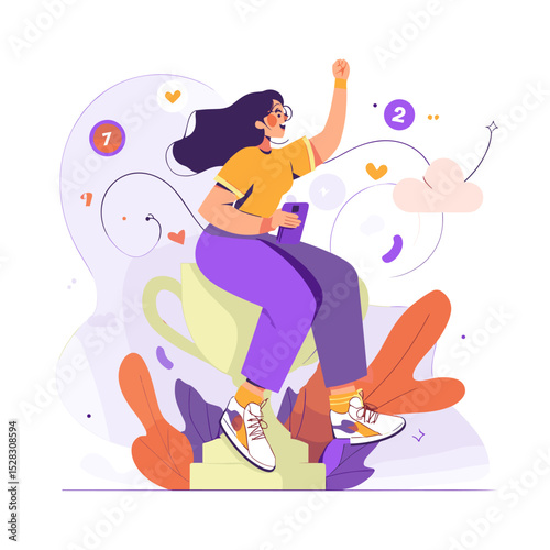 Elevated Victory: A determined individual rides a giant cup as a symbol of triumph, surrounded by symbolic elements representing the pursuit of success.