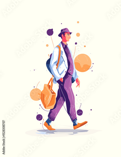 Modern Stroll: An illustration of a stylish person in casual wear walking confidently, surrounded by subtle artistic elements, perfect for conveying a sense of effortless urbanity.