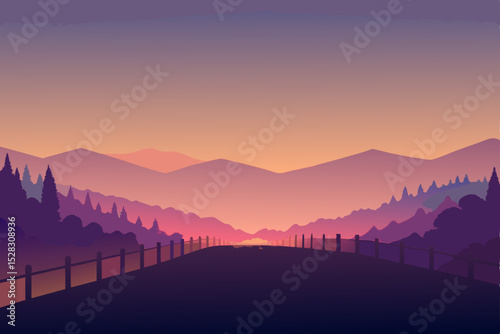 Vector landscape illustration of sunset over mountains with fence