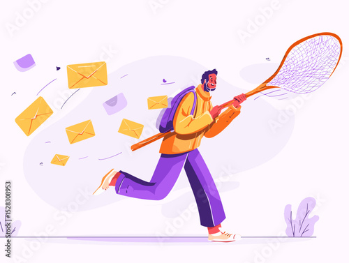 Catching Digital Moments: An animated individual enthusiastically pursues and captures floating envelopes.