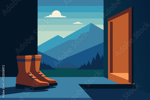 Vector illustration of boots by open door with mountain view