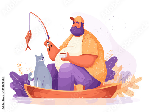 Man and Cat Fishing:A man in the boat with a cat and a fish
