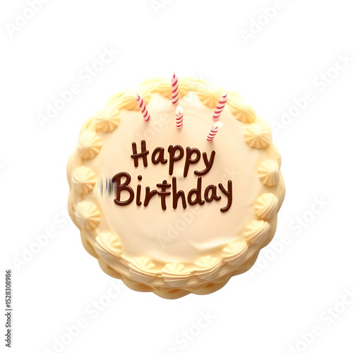 Top View Birthday Cake PNG – 3D Photorealistic Cake with Creamy Frosting, Lit Candles, ‘Happy Birthday’ Text, Soft Shadows, Transparent Background


