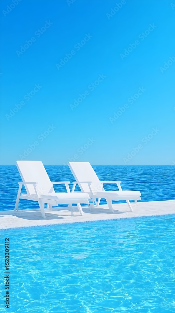 Fototapeta premium Two white lounge chairs sit poolside overlooking a calm, azure ocean under a vibrant blue sky. The scene evokes tranquility and relaxation