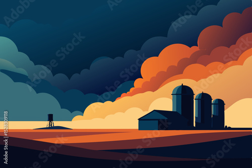 Vector illustration of farm landscape with silos and dark stormy sky