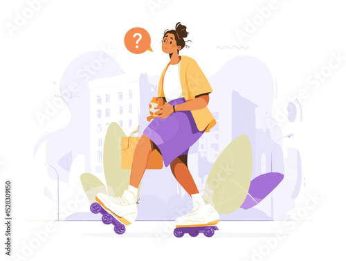 Rollerblading Commute Confusion: An urban professional, caught in a moment of thought as she glides along a city path, clutching a takeaway beverage, and purse.