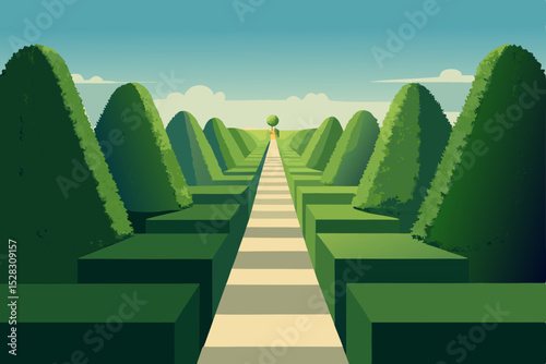 Vector illustration of a green hedge maze with a pathway