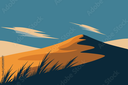 Vector desert landscape illustration with sand dunes and blue sky