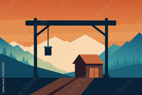 Vector illustration of mine shaft with cabin and mountains