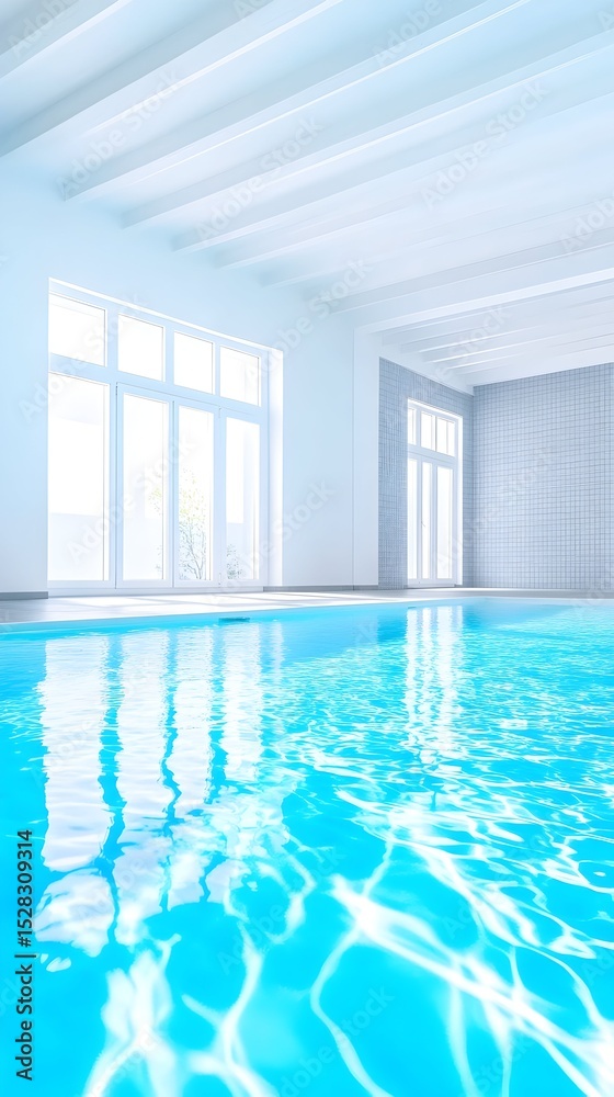 Fototapeta premium A bright indoor swimming pool with pristine white walls, exposed beams, and large windows, reflecting light onto the shimmering turquoise water