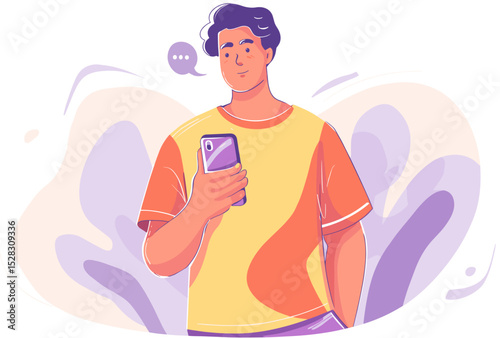 Digital Dialogue: A stylized illustration features a man engrossed in his mobile phone, the image a study in contemporary communication.