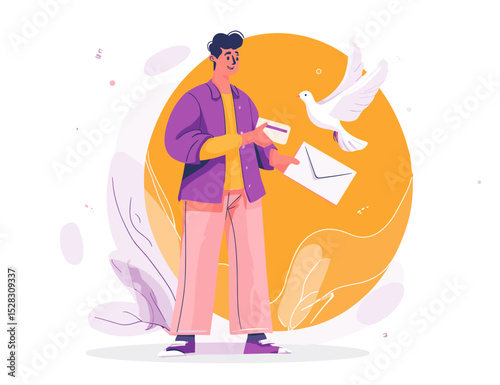 Digital Mail: A man holds an envelope and a card with a white dove soaring, symbolizing a message with elements of communication and connection.