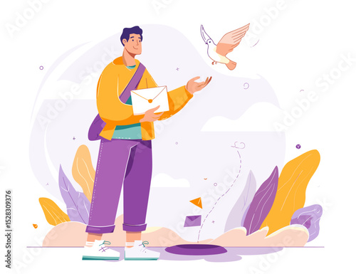Messenger of Hope: A symbolic portrayal of a messenger holding a letter and releasing a dove, embodying themes of communication, peace, and connection.