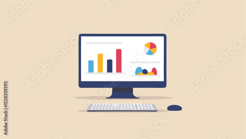 Desktop computer displaying charts and graphs with a keyboard and mouse on a light beige background