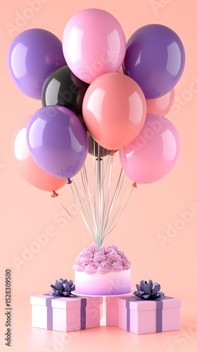 A cluster of pastel pink, purple, and black balloons floats above a frosted cake on a small stand, all atop two pale pink gift boxes against a light peach background