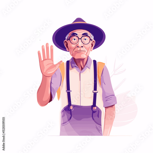 Senior with a Gesture: An elderly man in a hat raises his hand. His calm demeanor suggests a message of peace or a friendly greeting.