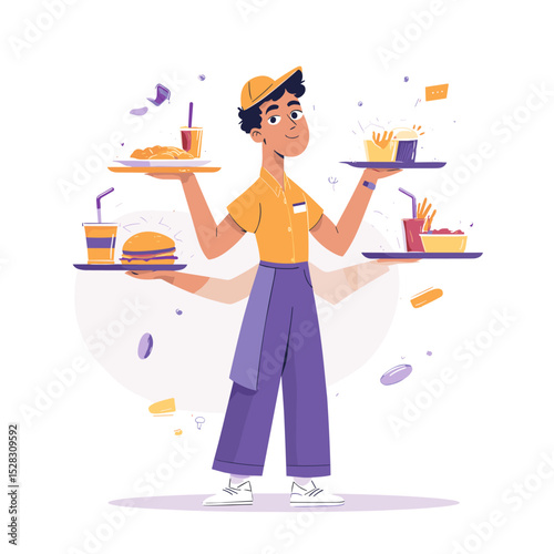 The Skilled Waiter: A cheerful waiter balancing multiple trays of delicious fast food with a smile, ready to serve hungry customers.