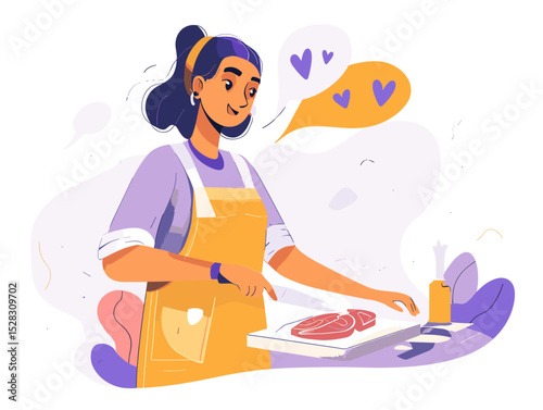 Joyful Cooking: A young woman, wearing a yellow apron, joyfully prepares a meal, meticulously slicing meat on a cutting board.