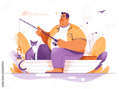 Solitude by the Sea: A man and his feline companion, finding peace on a tranquil water. The scene captures the essence of leisure and the calming embrace of the outdoors.