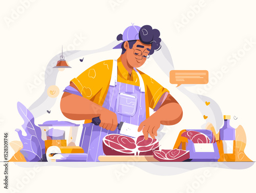 Chef Cuts Meat: A chef focuses on slicing fresh meat, illustrating the precision and skill in culinary preparation.