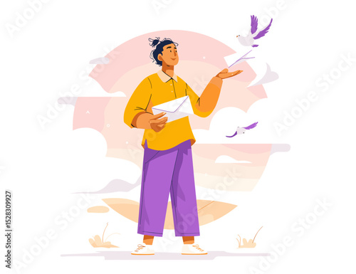Sending Hope: A young woman in bright attire releases a letter, surrounded by ethereal birds, under a pastel sky, symbolizing messages of hope and connection.