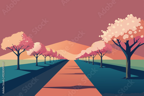 Vector illustration of a scenic road with blooming trees