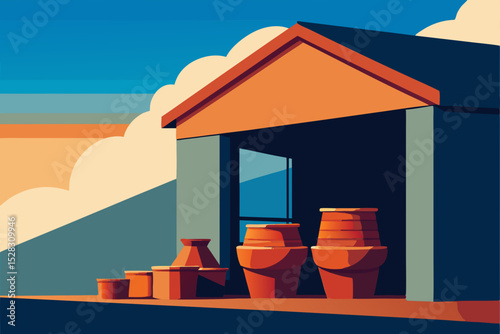 Vector illustration of a pottery shed with clay pots