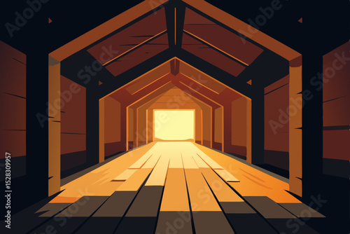 Vector illustration of a dark corridor with a bright exit