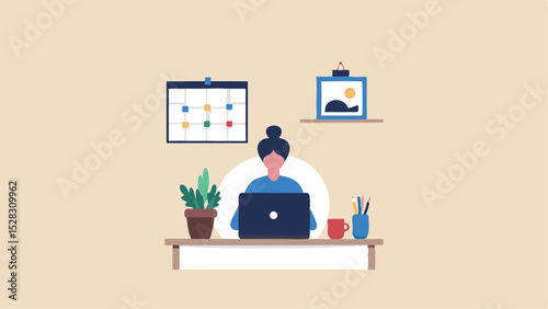 Illustration of a woman working on a laptop at a desk with a calendar and picture on the wall