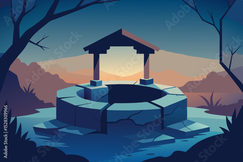 Vector illustration of a well with a gazebo at sunset