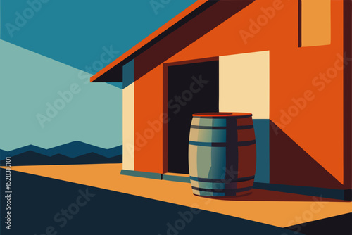 Vector illustration of a rustic barn with a barrel