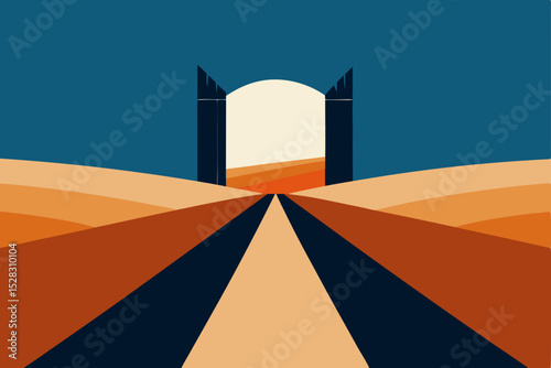 Vector illustration of desert road leading to archway