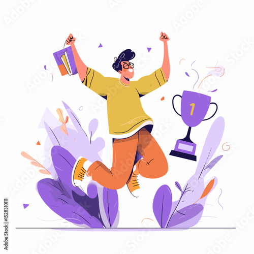 Triumphant Celebration: An excited figure celebrates with arms raised, clutching items, near a trophy, amidst vibrant decorative flora, representing a moment of success and accomplishment.