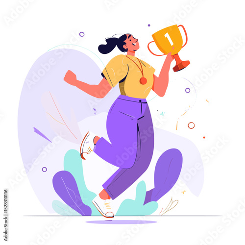 Triumph of Victory: An animated illustration captures the elation of a woman celebrating success, holding a golden trophy, surrounded by abstract shapes.